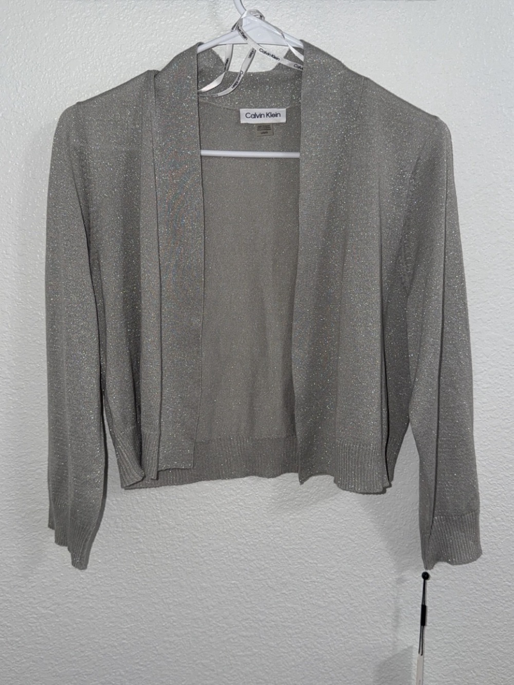 Calvin Klein Metallic Silver Open-Front Cardigan